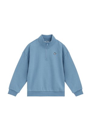 Hellblauer Pullover mit langen Ärmeln, halbem Reißverschluss und kleinem gesticktem Vogel-Logo auf der linken Brust, mit gerippten Bündchen und Saum.