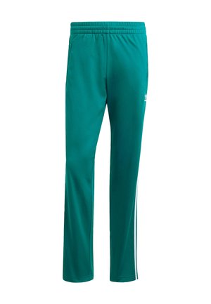 Teal sweatpants med en drawstring elastisk talje, sidelommer og hvide striber langs den ydre ben. Lavet af et glat stof.