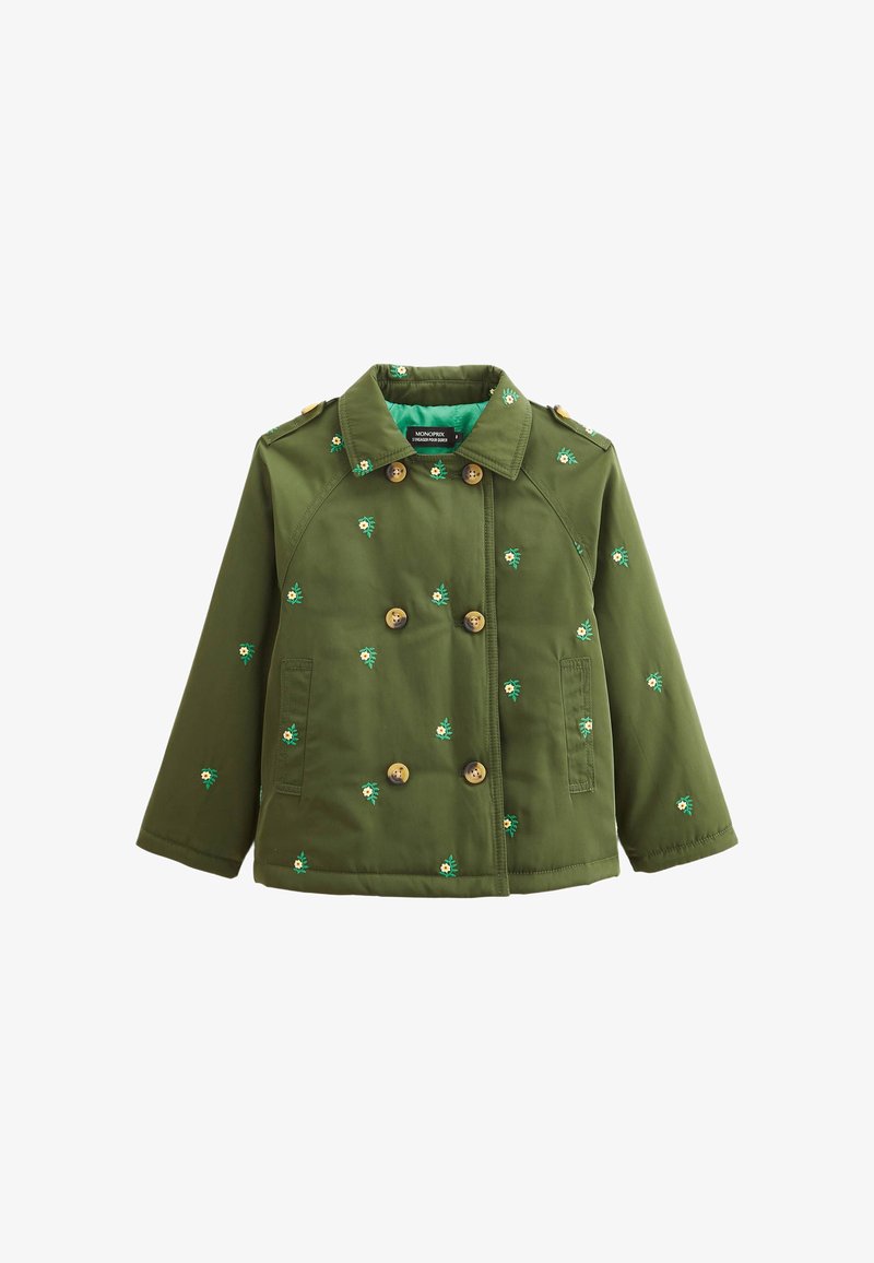 Veste en tissu vert avec un design croisé, boutons dorés et broderies florales. Comprend un col et des poches latérales.