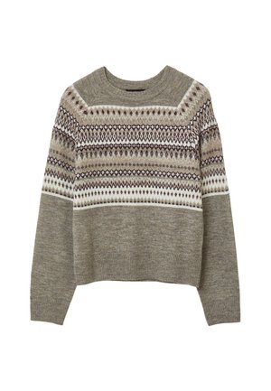 Knit sweater with round neck in beige and brown tones, featuring a horizontal geometric Fair Isle pattern across chest and upper sleeves.