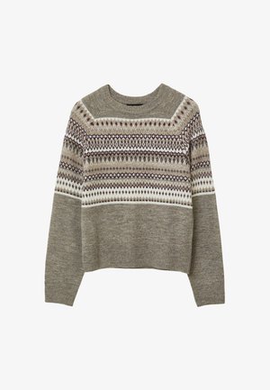 Strickpullover mit Rundhalsausschnitt in Beige- und Brauntönen, der ein horizontales geometrisches Fair-Isle-Muster auf der Brust und den Oberärmeln aufweist.