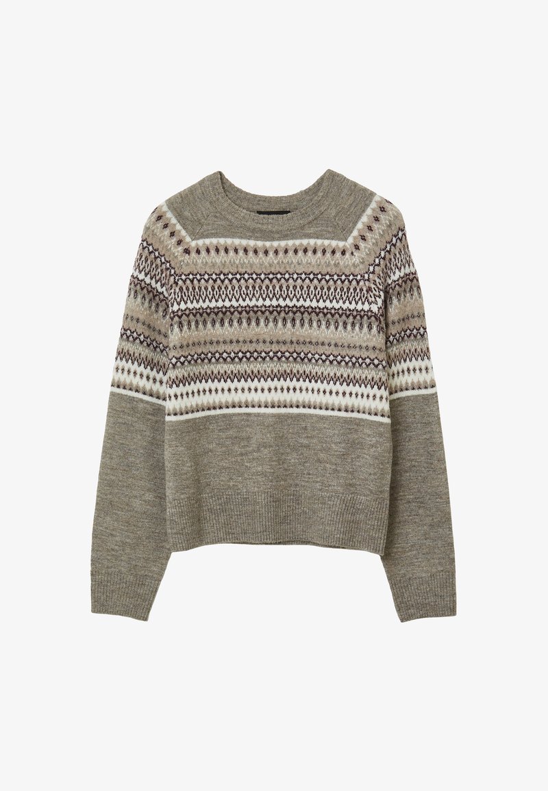 Strickpullover mit Rundhalsausschnitt in Beige- und Brauntönen, der ein horizontales geometrisches Fair-Isle-Muster auf der Brust und den Oberärmeln aufweist.