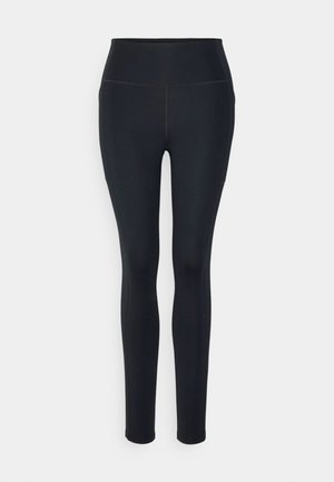 Black full-length leggings made of stretchy fabric with a high waistband, featuring flat seams and no prominent patterns or embellishments.