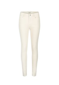 Jeans ajustados en color crema, hechos de una tela de mezcla de algodón elástica. Presentan un diseño clásico de cinco bolsillos y un cierre con botón y cremallera.