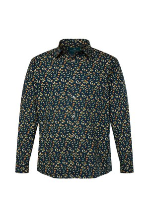 Langarmshirt van donkerblauwe stof met een bladpatroon in geel, oranje en groen; heeft een klassieke kraag en een knoopsluiting aan de voorkant.
