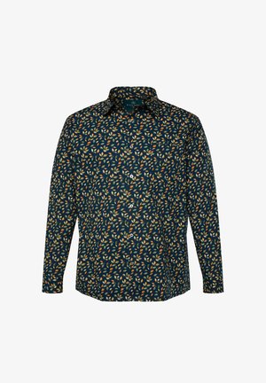Košile s dlouhým rukávem v tmavě modré látce s designem listů v žluté, oranžové a zelené barvě; má klasický límec a zapínání na knoflíky.
