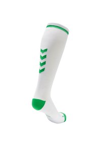 Calzino bianco alto fino al ginocchio con accenti verdi al risvolto, al tallone e alla punta. Presenta tre motivi a chevron verdi lungo il lato.