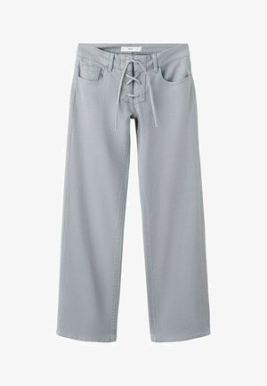 Jasnoszare spodnie o szerokich nogawkach z sznurowanym zamknięciem z przodu, szlufkami na pasek i przednimi kieszeniami, wykonane z miękkiego denimu.