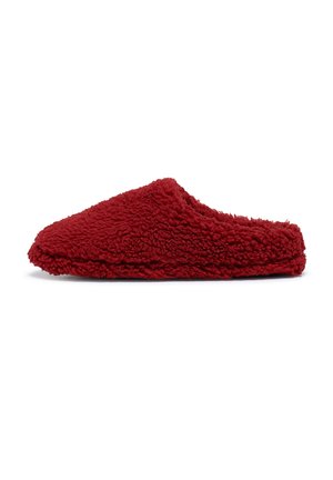 Red, fluffy closed-back slipper with a soft texture and a rounded shape, featuring a thick sole and a cozy, inviting appearance.