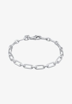 Sølv kædearmbånd med sammenkædede aflange ovale led og en robust lobster clasp lukning. Glat tekstur med en poleret finish.