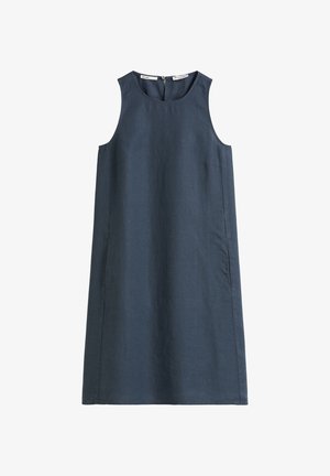 Granatowa sukienka bez rękawów wykonana z lekkiego materiału, z okrągłym dekoltem, ukrytymi bocznymi kieszeniami i zamkiem błyskawicznym w tyle.