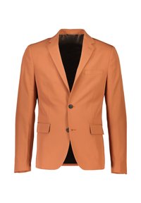 Blazer naranja de corte ajustado, con dos botones, un bolsillo en el pecho y dos bolsillos frontales. Textura suave y forro interior parcialmente. 