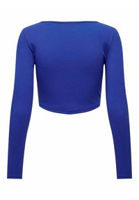 Crop top a maniche lunghe blu a coste con scollo quadrato, caratterizzato da un design aderente e una texture liscia. La vista posteriore mostra una lunghezza corta.