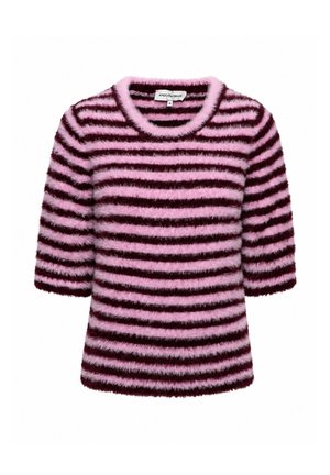 Zachte trui met korte mouwen met horizontale roze en donker bordeaux strepen en een ronde hals, maat medium.