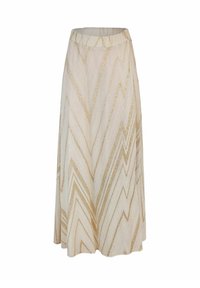 Een beige rok met een zigzagpatroon in goudtint, gemaakt van lichte stof met een elastische tailleband, van gemiddelde lengte.