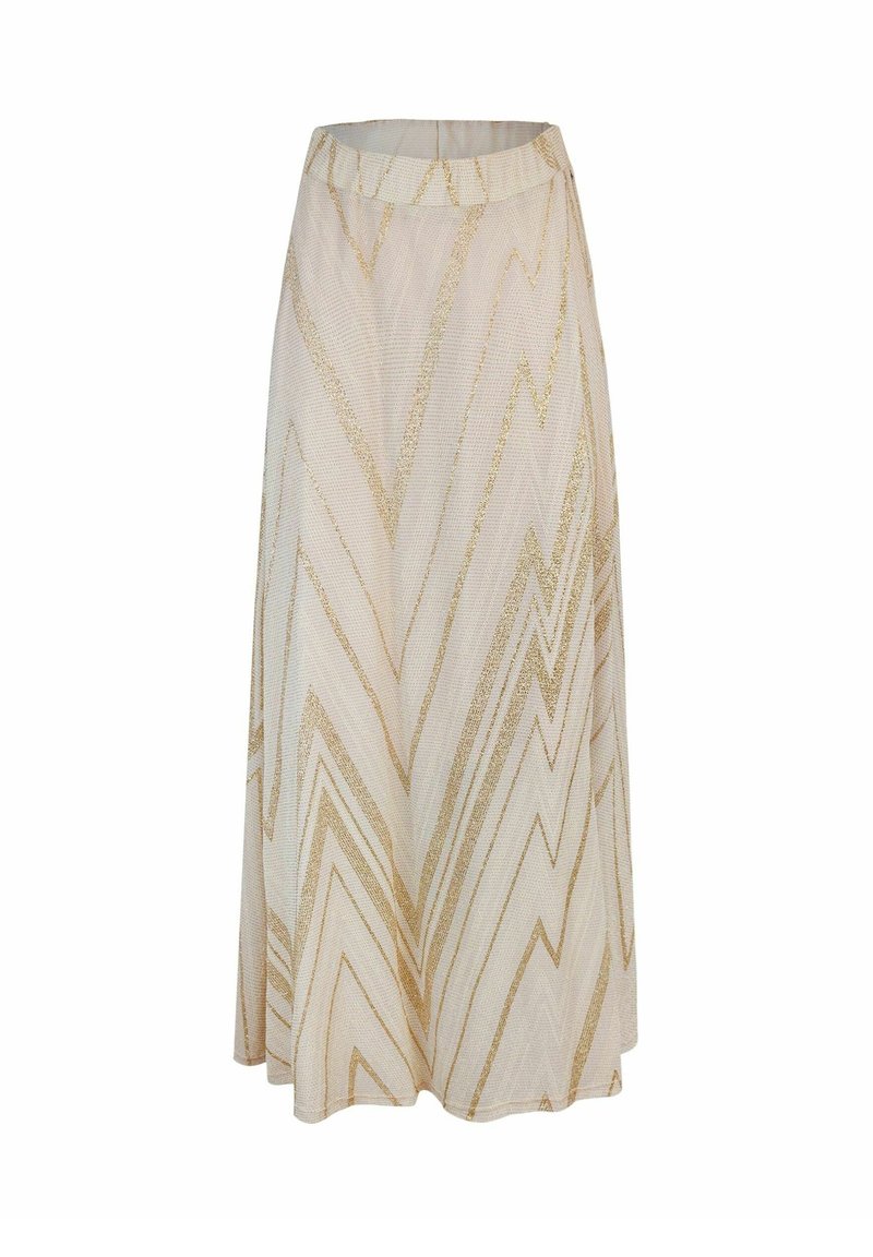 Een beige rok met een zigzagpatroon in goudtint, gemaakt van lichte stof met een elastische tailleband, van gemiddelde lengte.