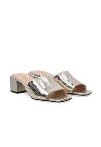Gold, snakeskin-patterned slide sandals with an open toe and square-shaped toe box. Features a mid-height block heel.