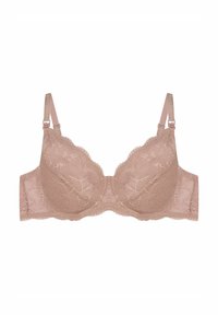 Koronkowy biustonosz w odcieniu różowego wrzosu z kwiatowym wzorem, wyprofilowanymi miseczkami, falbankami na krawędziach, regulowanymi ramiączkami oraz zapięciem na haftkę z tyłu.