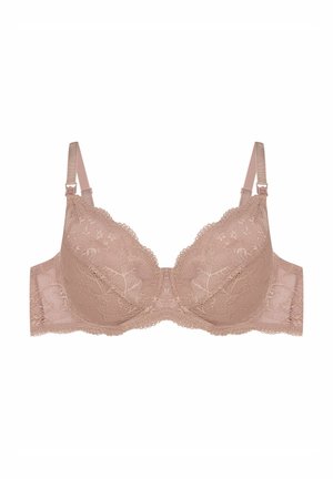 Lace bra in blush pink with a floral pattern, padded cups, scalloped edges, adjustable straps, and a hook-and-eye closure at the back.