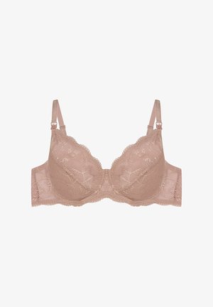 Spitzen-BH in Blush-Pink mit floralem Muster, gepolsterten Cups, gewellten Kanten, verstellbaren Trägern und einem Haken- und Ösenverschluss auf der Rückseite.