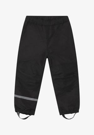 Pantalons imperméables noirs avec une taille élastique, dotés d'une bande réfléchissante argentée et de panneaux texturés sur les côtés.