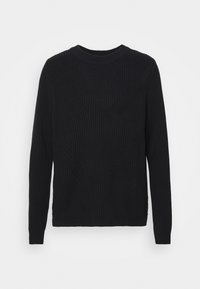 Černý pletený svetr s kulatým výstřihem a dlouhými rukávy. Na přední straně se pyšní strukturálními vertikálními pruhy a trojúhelníkovými vzory.