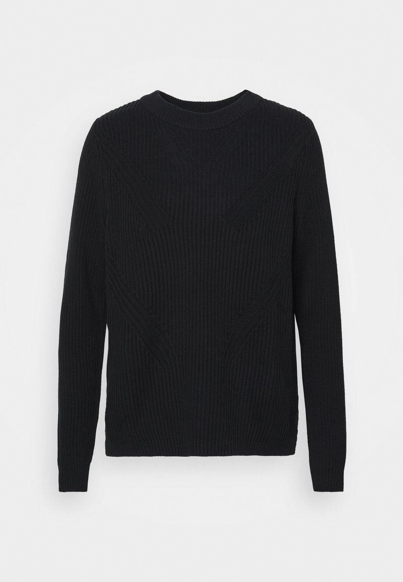 Černý pletený svetr s kulatým výstřihem a dlouhými rukávy. Na přední straně se pyšní strukturálními vertikálními pruhy a trojúhelníkovými vzory.