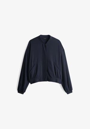 Navy cropped bomber jacket in a smooth fabric with a relaxed fit, featuring side pockets and elasticized cuffs and hem.