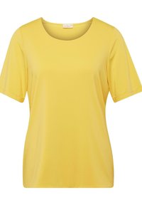 Gelbes kurzärmliges T-Shirt aus glattem Stoff, mit rundem Ausschnitt und lockerer Passform. Keine Muster oder Akzente sichtbar.