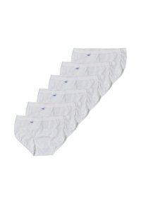 Confezione di sette slip bianchi in cotone, dotati di etichetta frontale e cintura elasticizzata. Il materiale è liscio e presenta una texture uniforme.