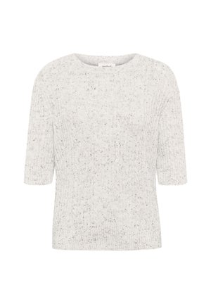 Svijetlosiva pletena majica kratkih rukava, rebraste teksture i okruglog izreza. Tkanina sadrži suptilne tamne točke širom.