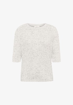 Világosszürke kötött pulóver rövid ujjakkal, bordázott textúrával és kerek nyakkal. Az anyagban finom sötét pettyek találhatók.