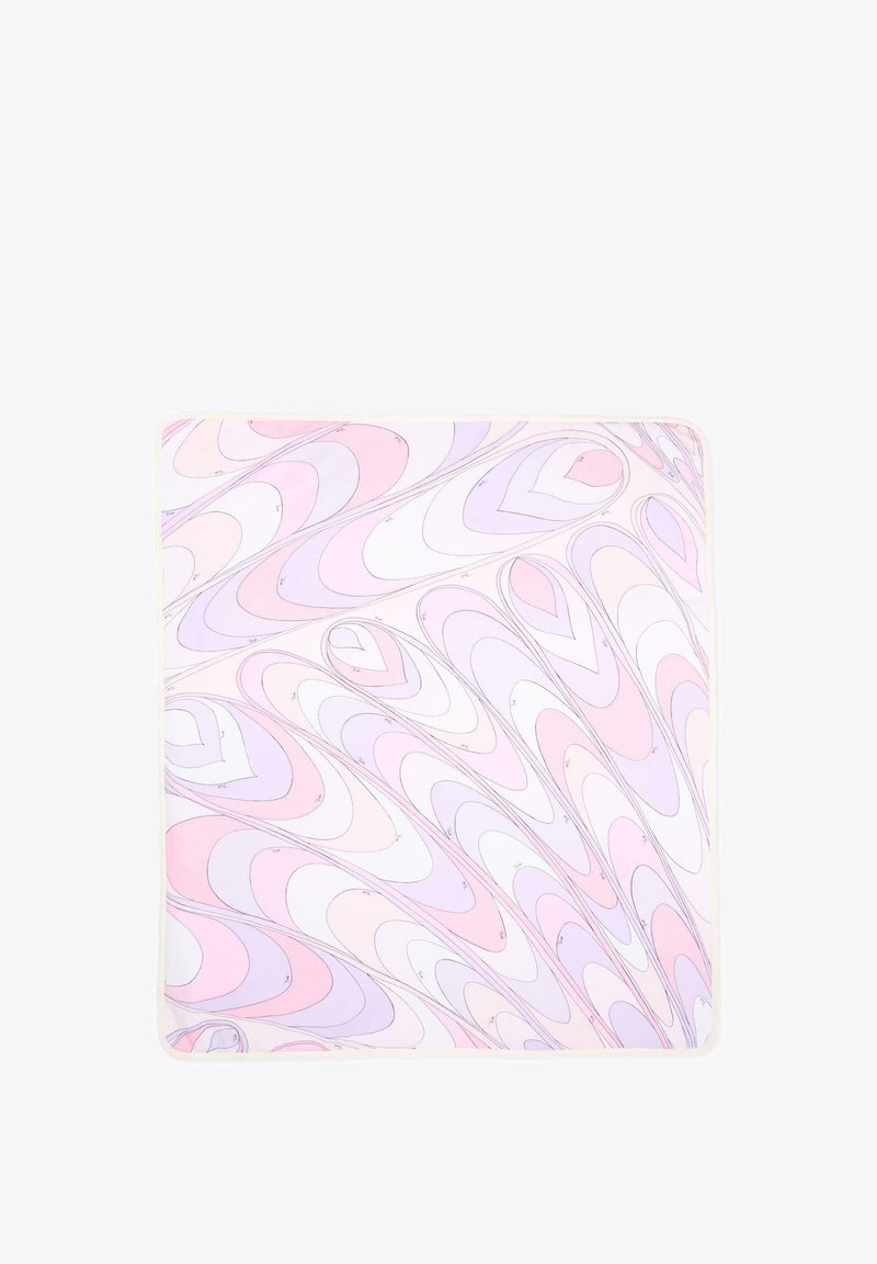 Foulard en soie avec un motif abstrait tourbillonnant aux couleurs pastel rose, lavande et blanc sur une forme carrée.