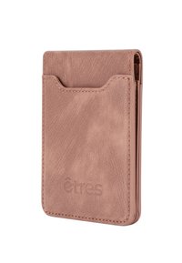 Pink leather cardholder with a textured finish, featuring a front slot and embossed logo. Edges are stitched for durability and structure.