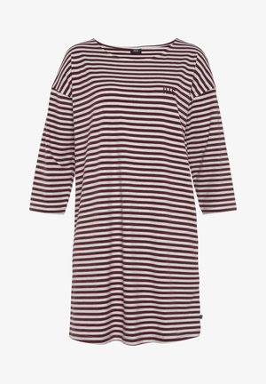 Gestreiftes Tunika-Kleid in Kastanienbraun und Weiß, mit Dreiviertelärmeln, rundem Ausschnitt und einem kleinen Taschendesign auf der Brust.