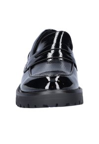 Black patent leather loafers with a flat rubber sole, featuring a smooth glossy finish and minimal stitching details.