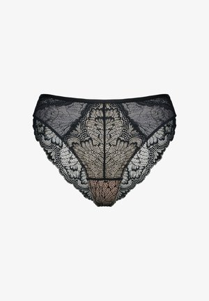 Black lace panties with intricate floral patterns, scalloped edges, and a smooth waistband. Semi-transparent with a delicate texture.
