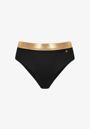 Czarne bikini z wysokim stanem, z metaliczną złotą taśmą w pasie i subtelnym detalem logo. Gładka tekstura, prosty design.