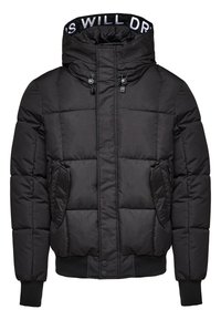 Sort dunjakke med lynlås, hætte med snore, sidelommer, ribkanter og et quiltet mønster.