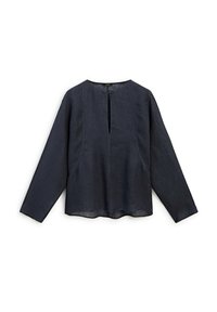 Blouse en lin bleu marine à manches longues, col rond, avec une découpe en forme de goutte d'eau à l'avant. Présente une coupe légèrement ample et des détails brodés.