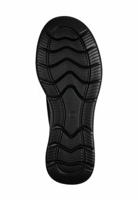Sola di scarpa in gomma nera con un motivo ondulato e testurizzato e scanalature distinte per la trazione. Presenta bordi arrotondati e un logo circolare.