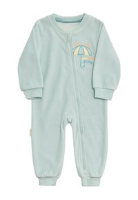 Monosie de tela suave en azul claro, con mangas largas, cremallera frontal, puños acanalados y un diseño bordado de paraguas con texto debajo.