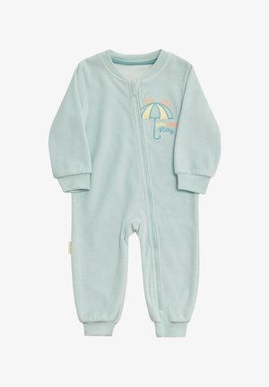 Monosie de tela suave en azul claro, con mangas largas, cremallera frontal, puños acanalados y un diseño bordado de paraguas con texto debajo.