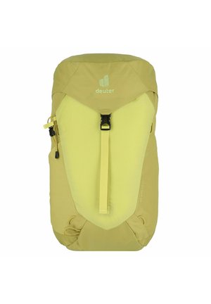 Zaino da trekking giallo con una texture liscia, spallacci regolabili e una fibbia nera. Presenta un design minimalista e tasche laterali in rete.
