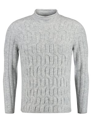 Jasnoszary sweter z dzianiny z fakturowanym wzorem fal, prążkowany design na rękawach i kołnierzu, z okrągłym dekoltem i długimi rękawami.