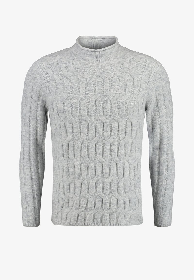 Maglione lavorato a maglia grigio chiaro con un motivo a onda testurizzato, design a costine su maniche e colletto, dotato di scollo rotondo e maniche lunghe.