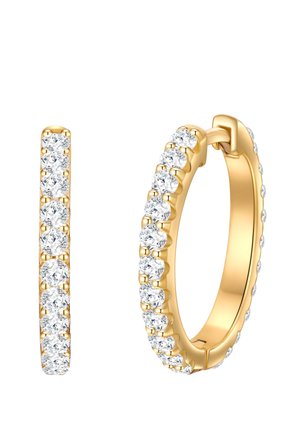 Guldøreringe i øreringe med to rækker af runde, klare ædelsten, jævnt placeret langs de ydre kanter, den ene vist fra siden, den anden vist let åben i en vinkel.