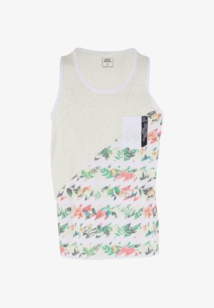 Kreemikirju kangaga, valgete aktsentidega ja diagonaalse lillemustriga roheline, roosa ja oranž, rinnah_taskuga tank-top.