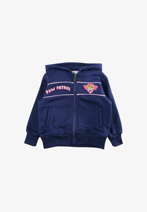 Sweat à capuche pour enfants bleu marine avec fermeture éclair sur le devant, texte "PAW PATROL" en rose, et un badge de personnage sur la poitrine avec des rayures roses.