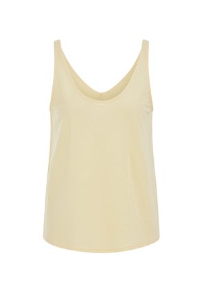 Canotta beige senza maniche con scollatura rotonda e vestibilità leggermente ampia, mostrata su sfondo bianco semplice.